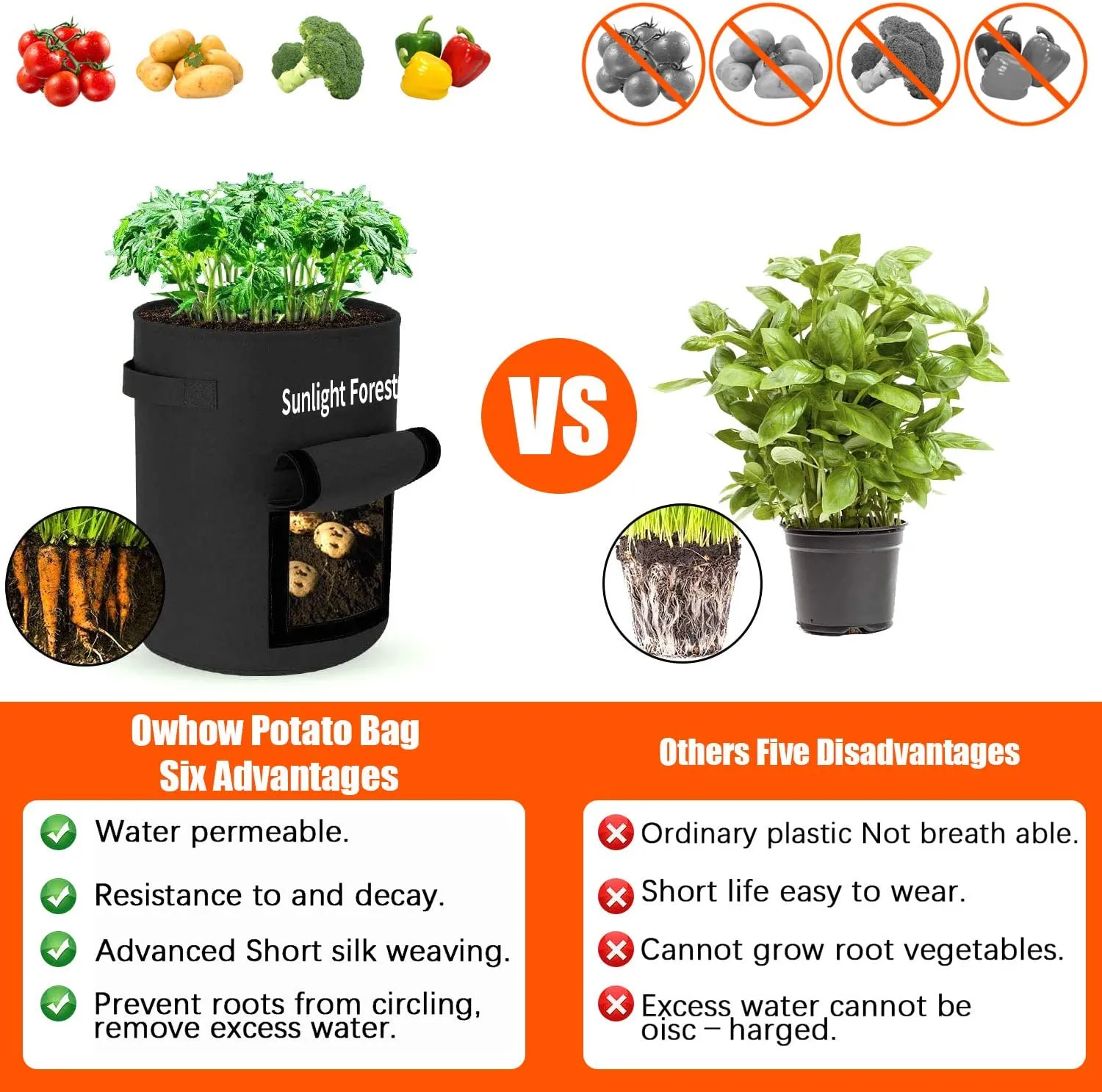 Sunlight forest  10 Gallon Grow Bags 2-Pack Sunlightforest Potato Grow Bags Thickened Non-Woven Aeration Fabric Pots with Handles and Window, Planter Pots for Tomato Veggies Flower (Black)