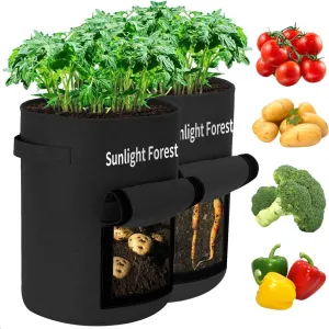 Sunlight forest  10 Gallon Grow Bags 2-Pack Sunlightforest Potato Grow Bags Thickened Non-Woven Aeration Fabric Pots with Handles and Window, Planter Pots for Tomato Veggies Flower (Black)