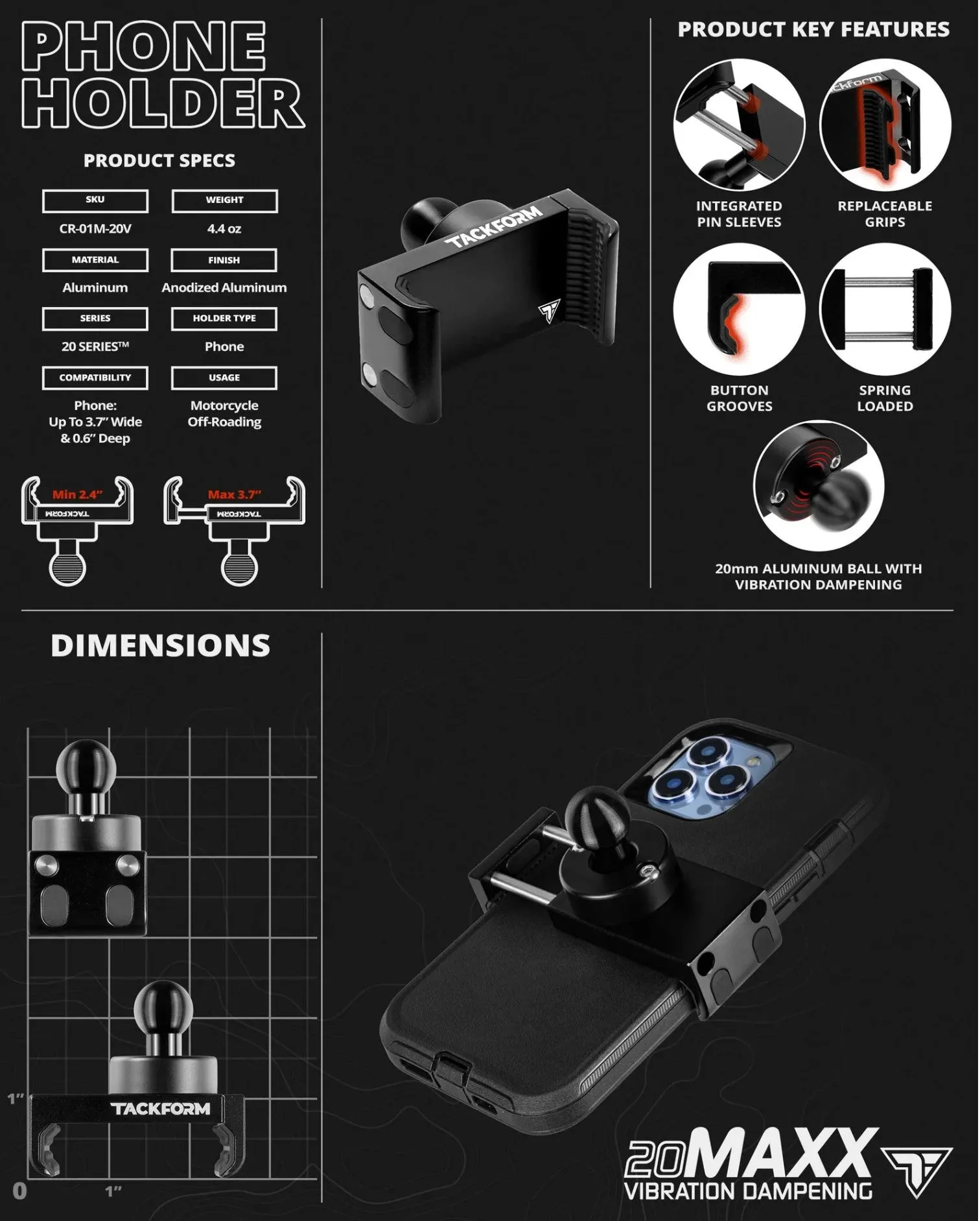 TackForm Black Can-Am Phone Cradle | Spyder Center Riser Mount - M10 Bolt | 3.5" DuraLock™ Arm