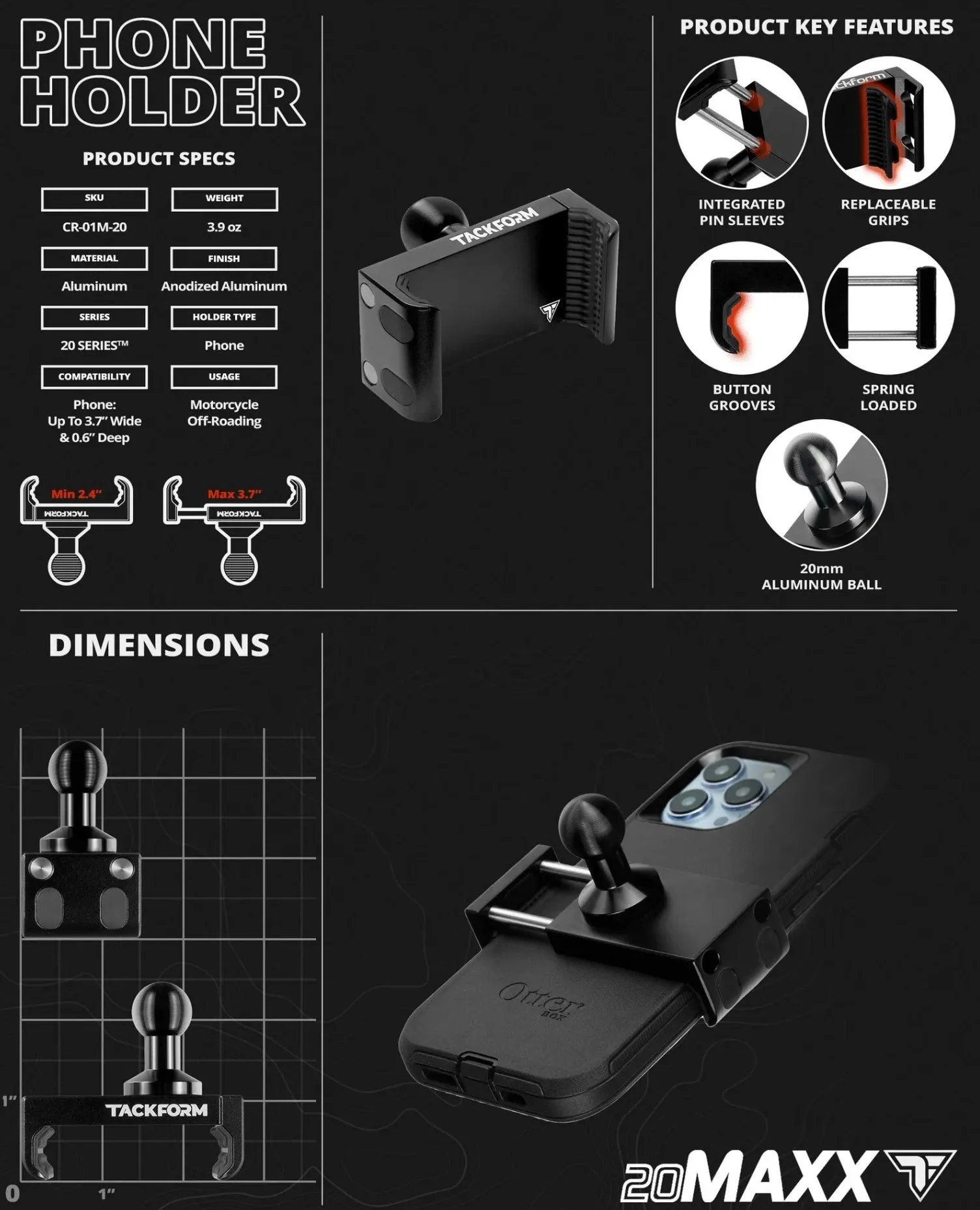 TackForm Black Can-Am Phone Cradle | Spyder Center Riser Mount - M10 Bolt | 3.5" DuraLock™ Arm