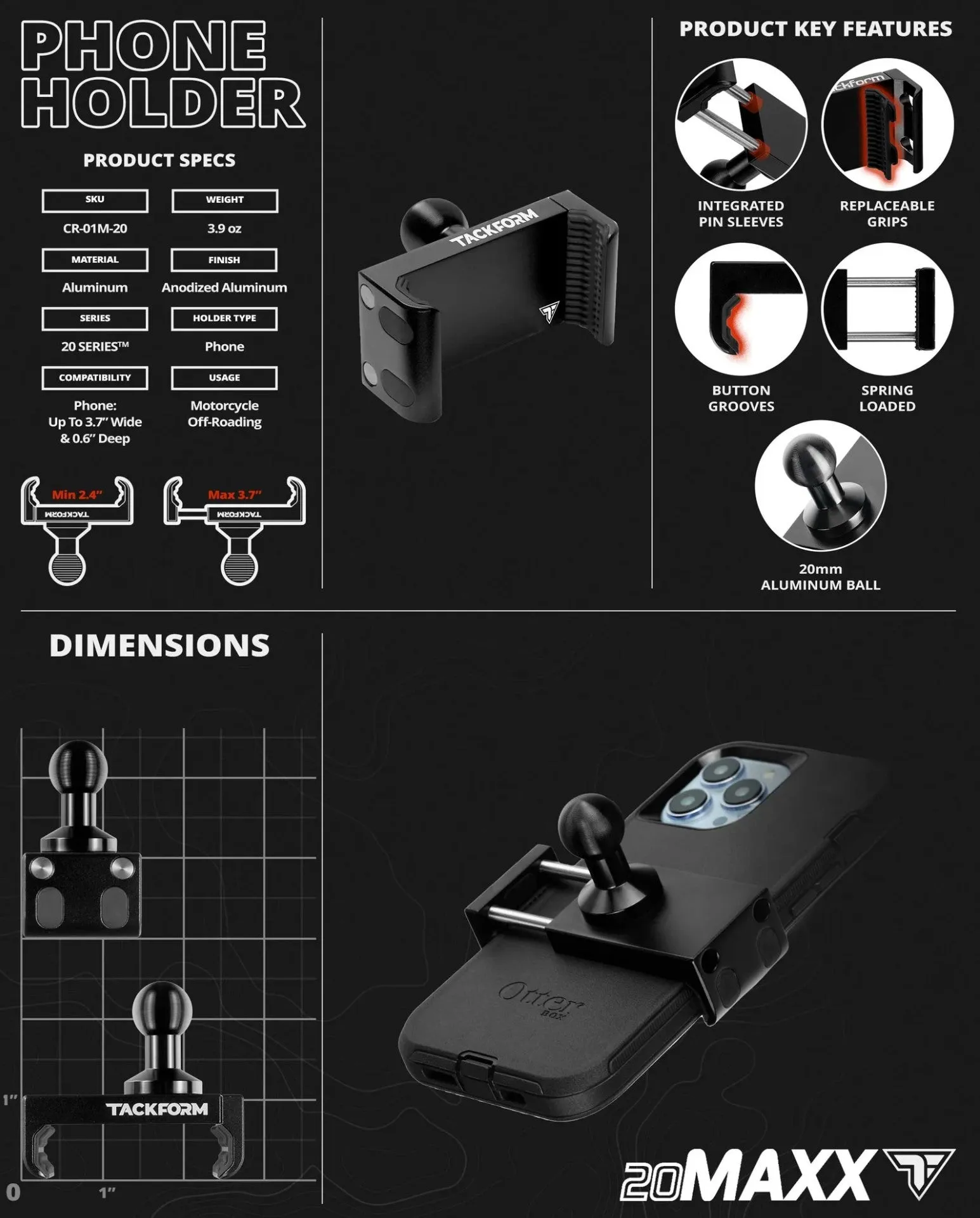 TackForm Black Can-Am Phone Cradle | Spyder Center Riser Mount - M10 Bolt | 3.5" DuraLock™ Arm