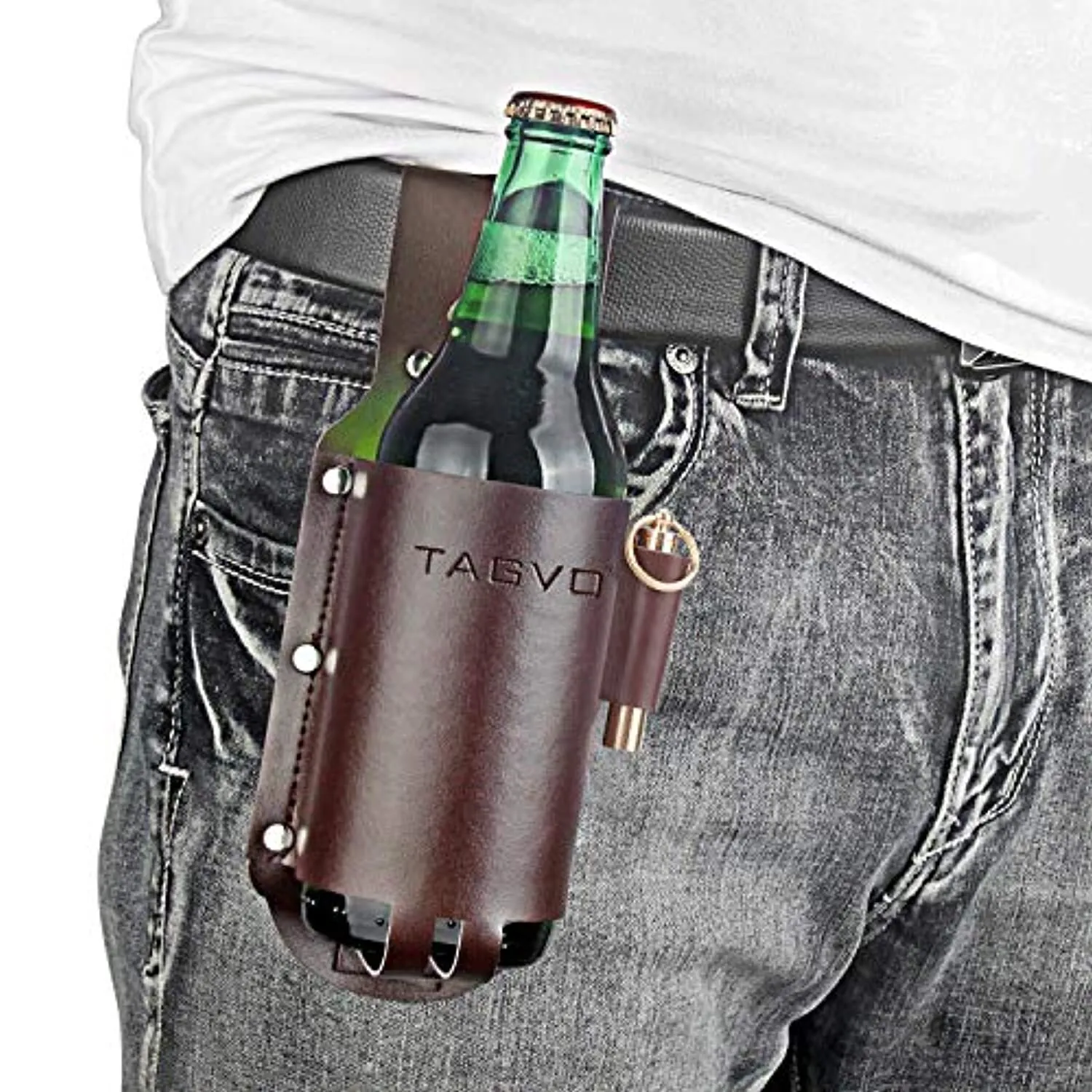 TAGVO Beer Holster, Leather Classic Beer Holster Bottle Holders - Brass Whistle Bottle Opener Included