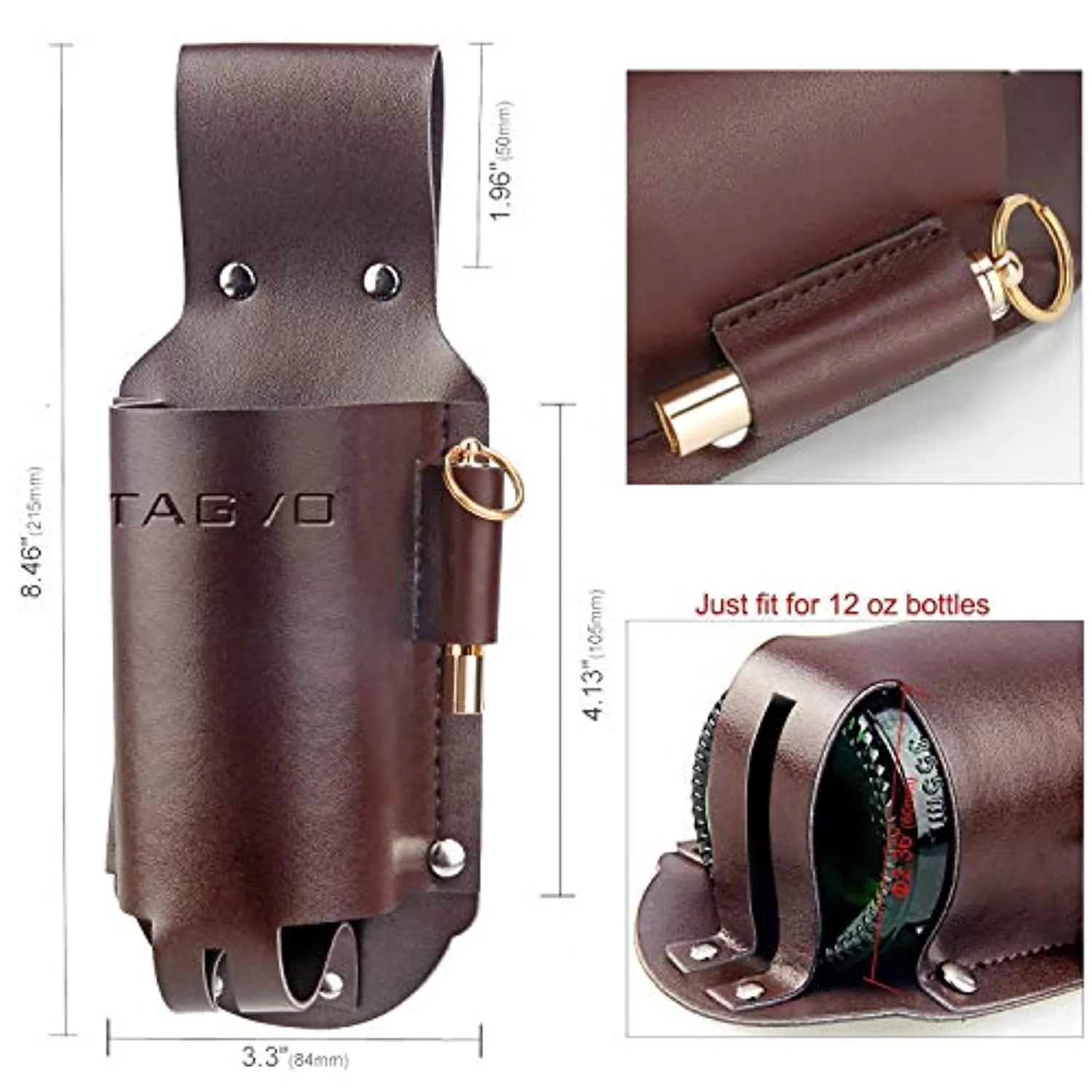 TAGVO Beer Holster, Leather Classic Beer Holster Bottle Holders - Brass Whistle Bottle Opener Included