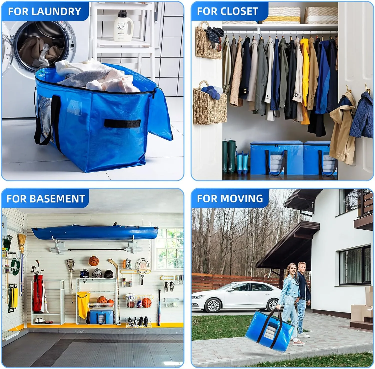 TAILI Extra Large Moving Bags, 12 Pack Blue Heavy Duty Totes For Storage with Visible Window, Wrap Around Handles, Storage Bags for Space Saving, Alternative to Moving Boxes