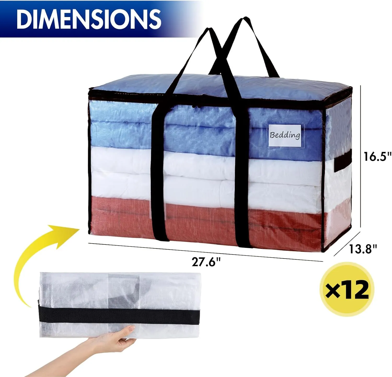 TAILI Extra Large Moving Bags, 12 Pack Clear Heavy Duty Totes For Storage with Visible Window, Wrap Around Handles, Storage Bags for Space Saving, Alternative to Moving Boxes