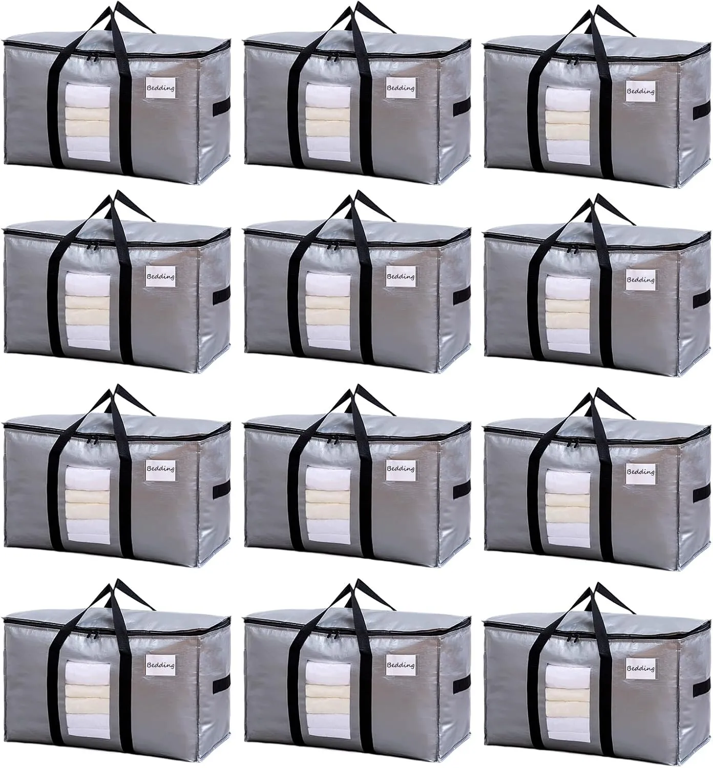 TAILI Extra Large Moving Bags, 12 Pack Silver Heavy Duty Totes For Storage with Visible Window, Wrap Around Handles, Storage Bags for Space Saving, Alternative to Moving Boxes