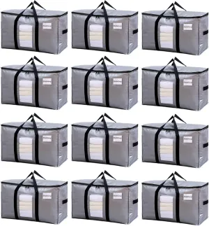TAILI Extra Large Moving Bags, 12 Pack Silver Heavy Duty Totes For Storage with Visible Window, Wrap Around Handles, Storage Bags for Space Saving, Alternative to Moving Boxes
