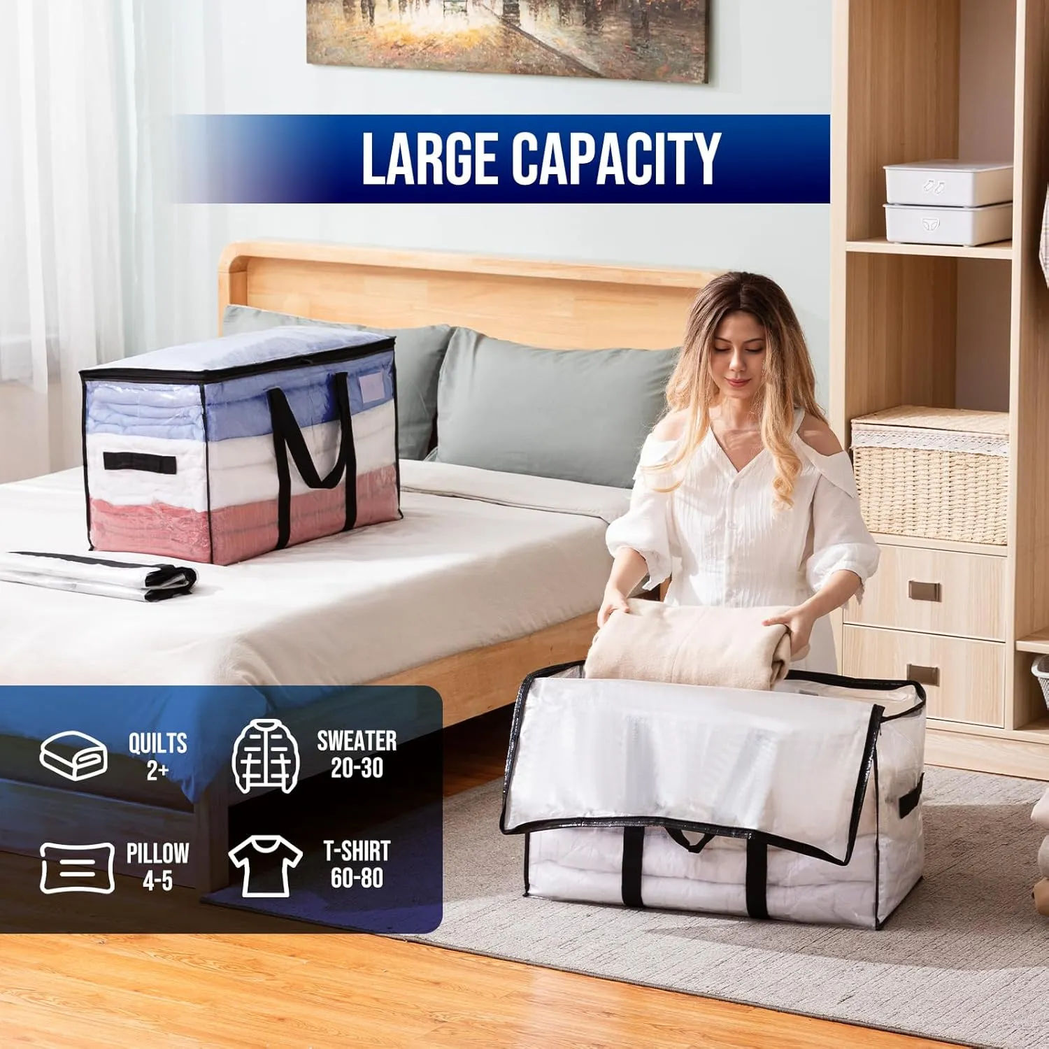 TAILI Extra Large Moving Bags, 4 Pack Clear Heavy Duty Totes For Storage with Visible Window, Wrap Around Handles, Storage Bags for Space Saving, Alternative to Moving Boxes