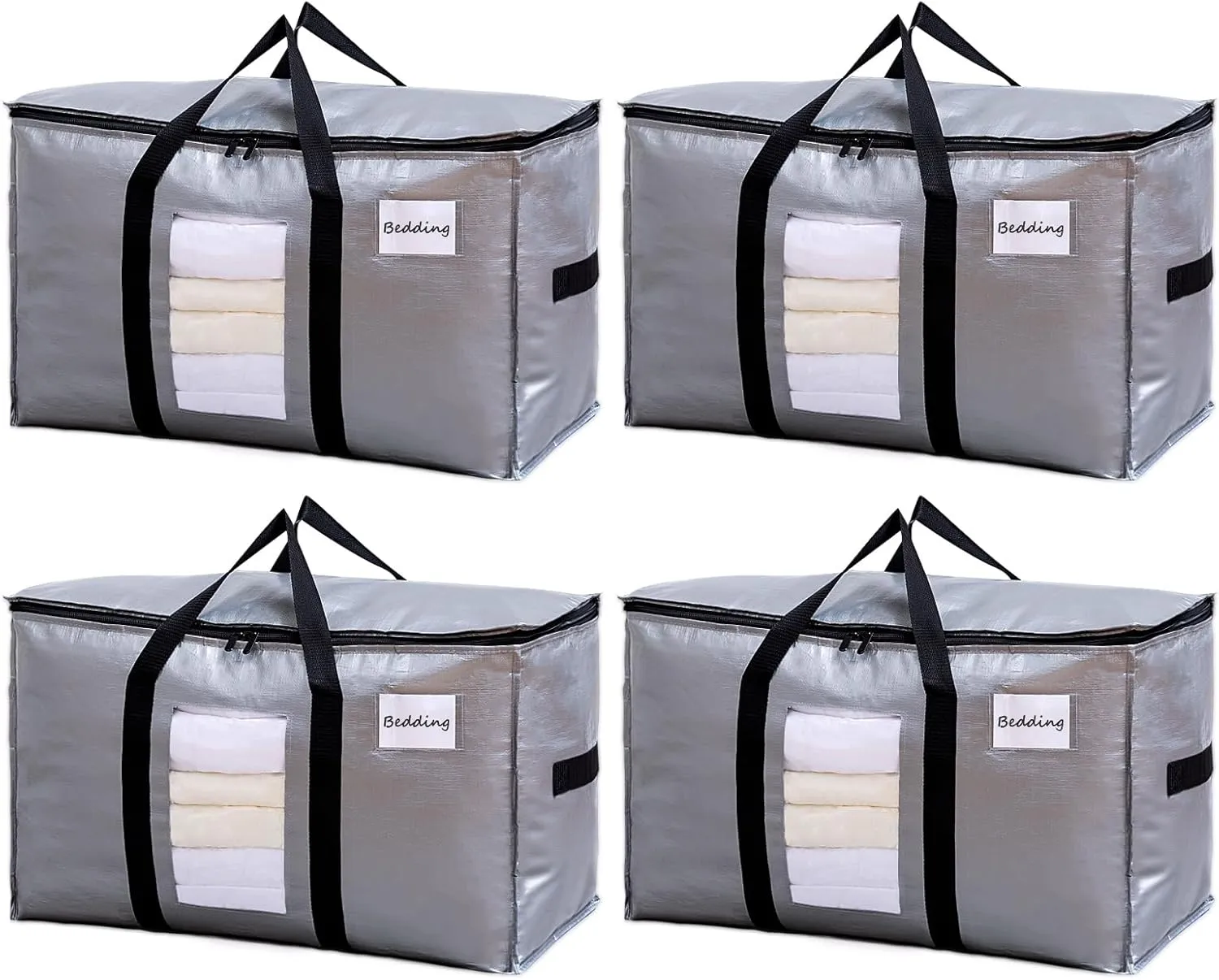 TAILI Extra Large Moving Bags, 4 Pack Silver Heavy Duty Totes For Storage with Visible Window, Wrap Around Handles, Space Saving Storage Bags for Moving Supplies, Alternative to Moving Boxes