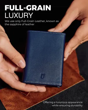 Taurus Smart Wallet For Men: Full Grain Leather, Handcrafted, Slide Metal Pop Up Case, Slim RFID Blocking Credit Card Holder, Minimalist, Compact - 9-12 Cards Organizers | ID | Money Clip (Navy)