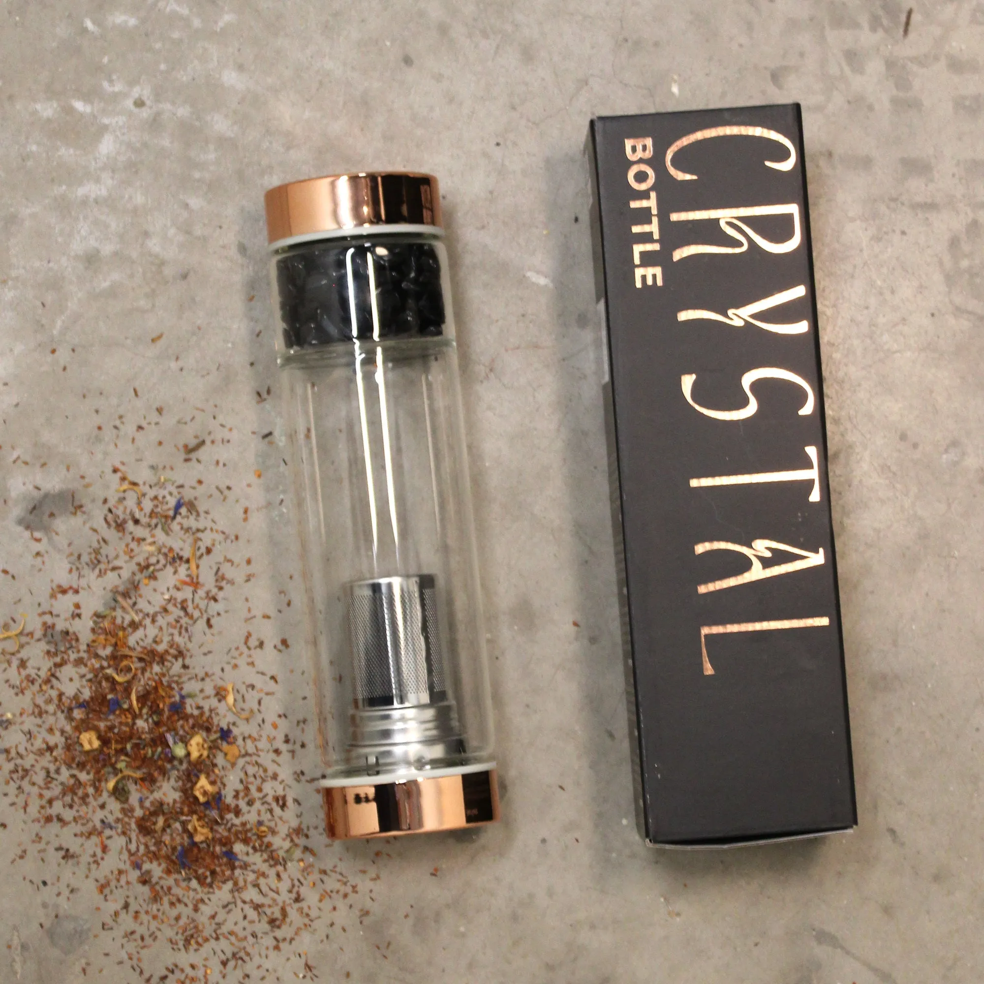 Tea Infuser Bottle - Amethyst Crystal Glass Rose Gold