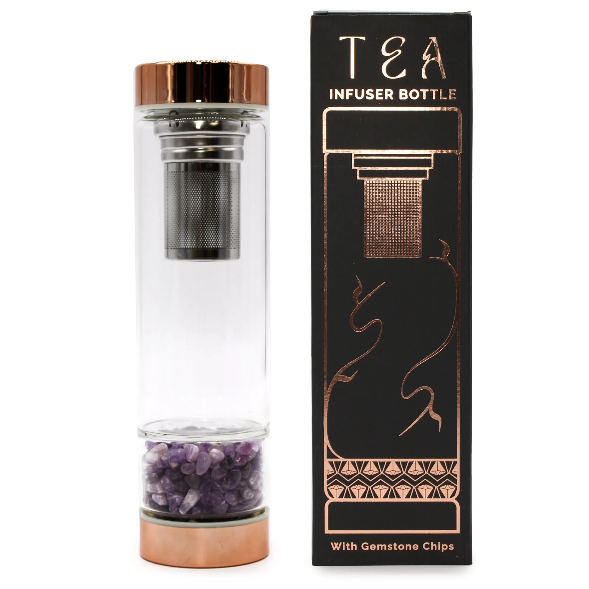 Tea Infuser Bottle - Amethyst Crystal Glass Rose Gold