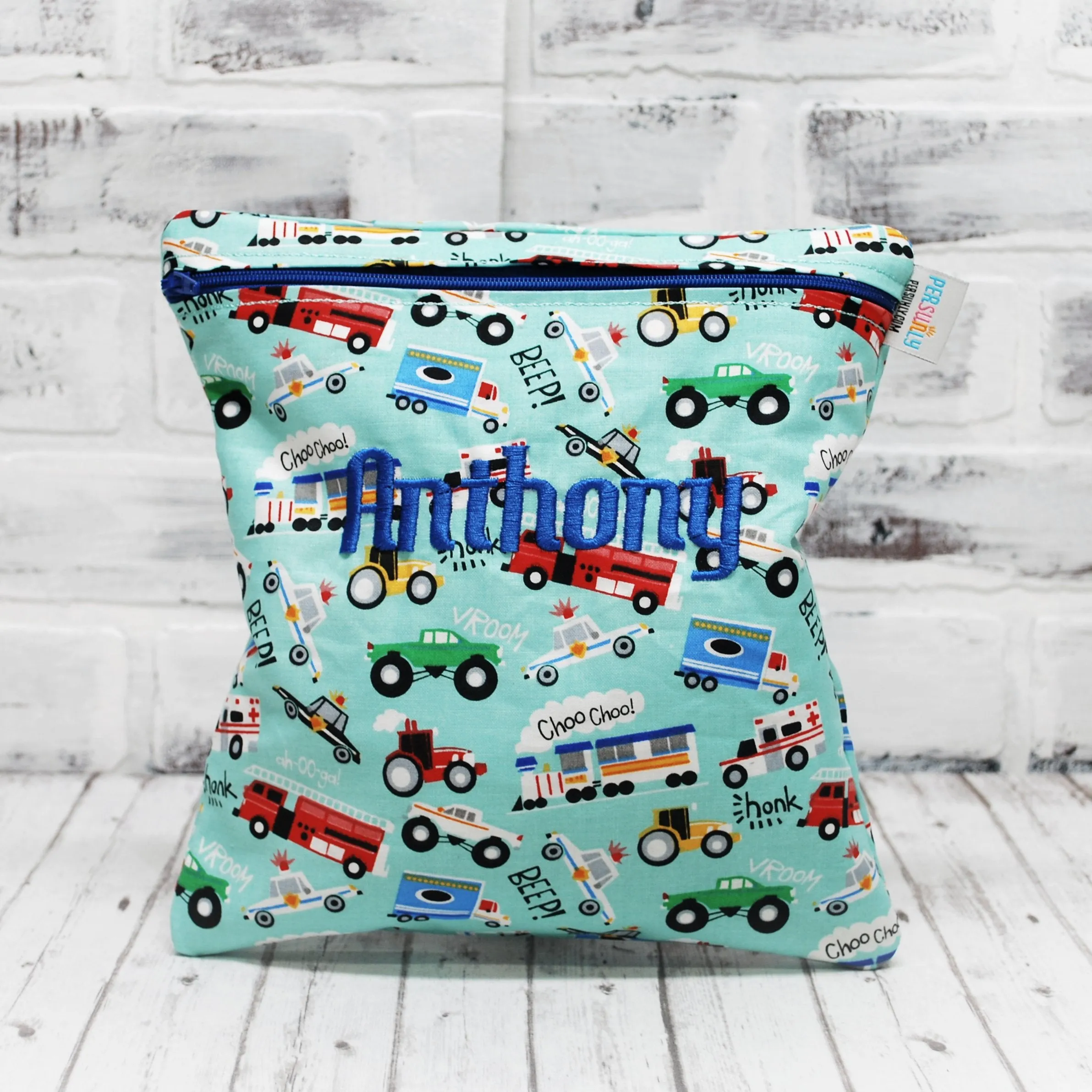 Teal Transporation Vehicles Personalized Reusable Bag