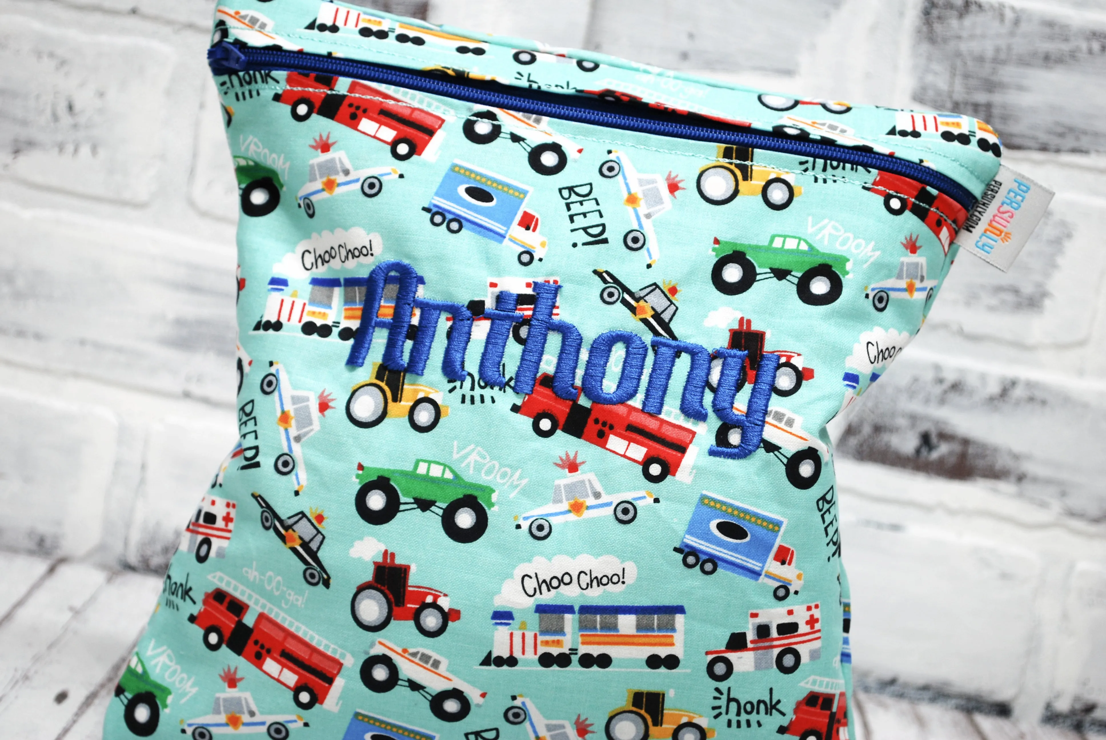 Teal Transporation Vehicles Personalized Reusable Bag