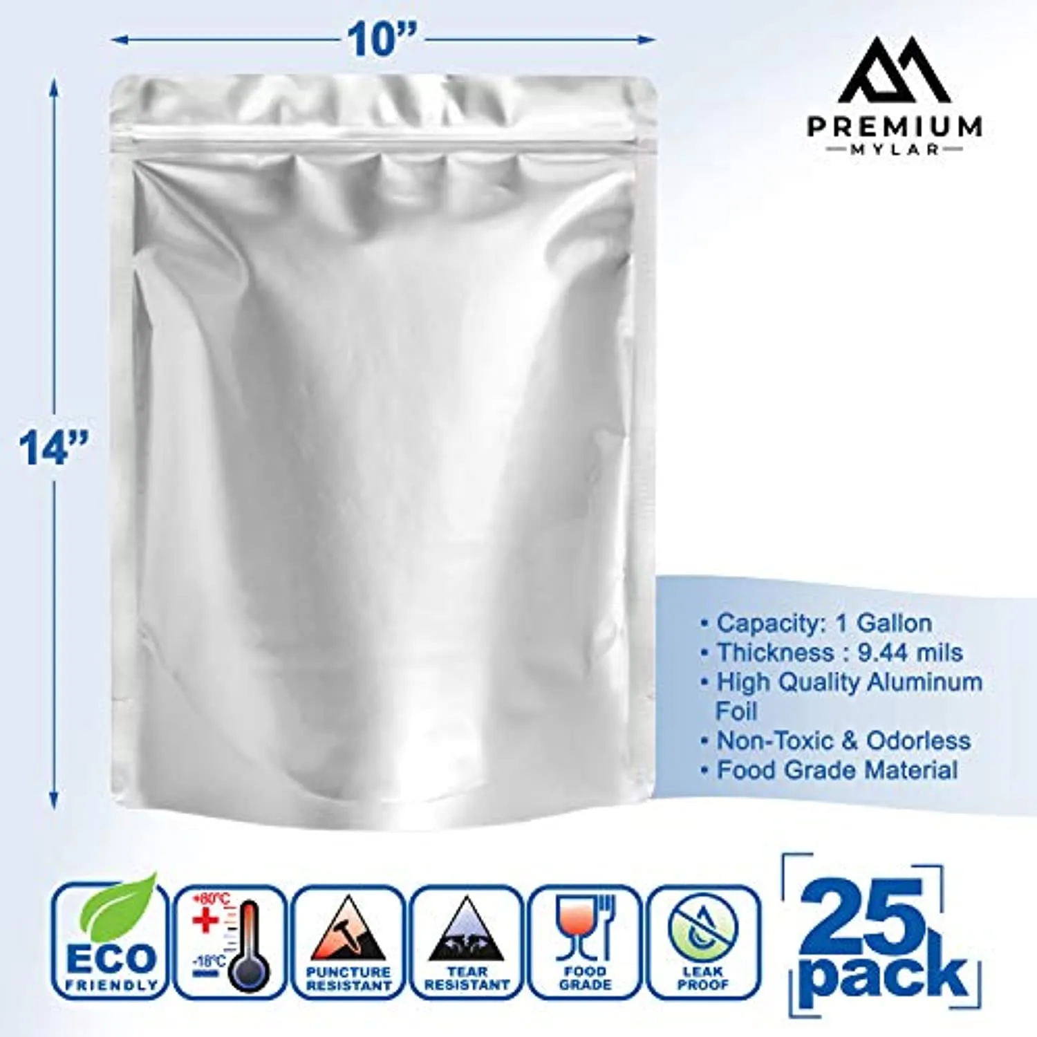 TEKUNLIMITED 25 Mylar Bags 1 Gallon - Extra Thick 7.4 Mil - 10"x14" Airtight Vacuum Sealing Sealable Mylar Bags for Long Term Food Storage - Odor Free Heat Resistant - Light and Moisture Proof Fresh Saver Packs