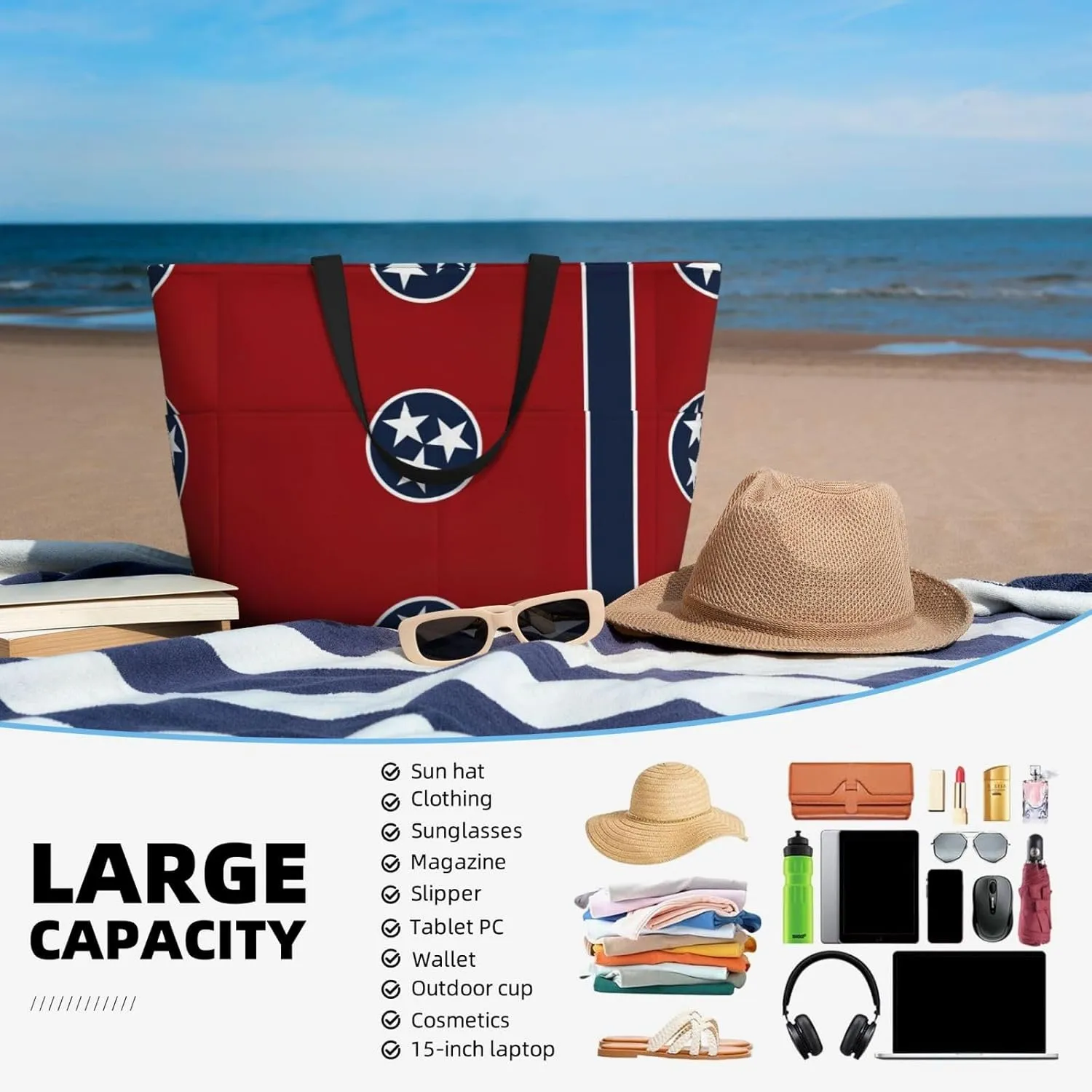 Tennessee State Flag Beach Tote Bags For Women Travel Totes Bag Handbag With Zipper And Pockets For Travel Vacation