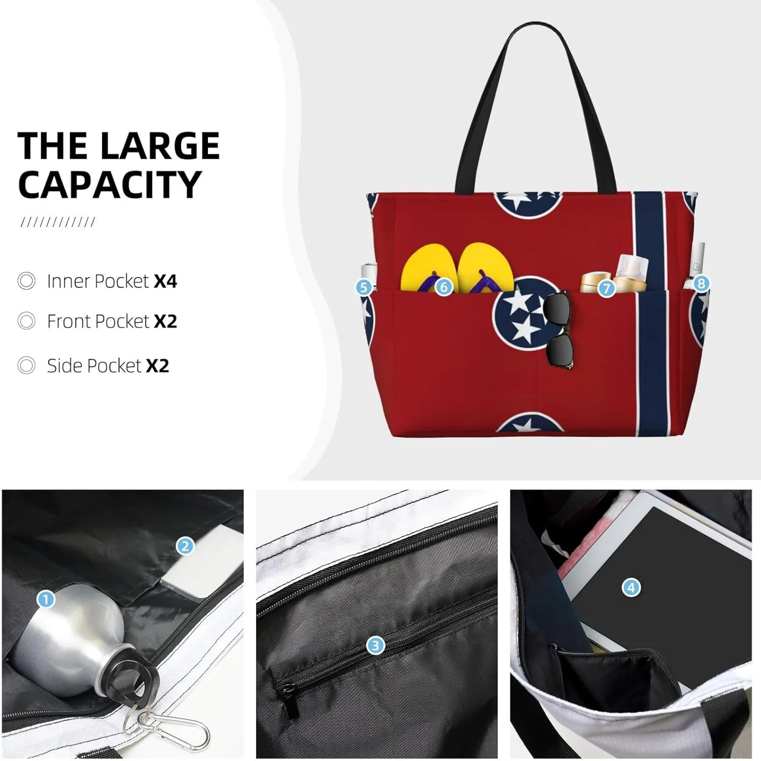 Tennessee State Flag Beach Tote Bags For Women Travel Totes Bag Handbag With Zipper And Pockets For Travel Vacation