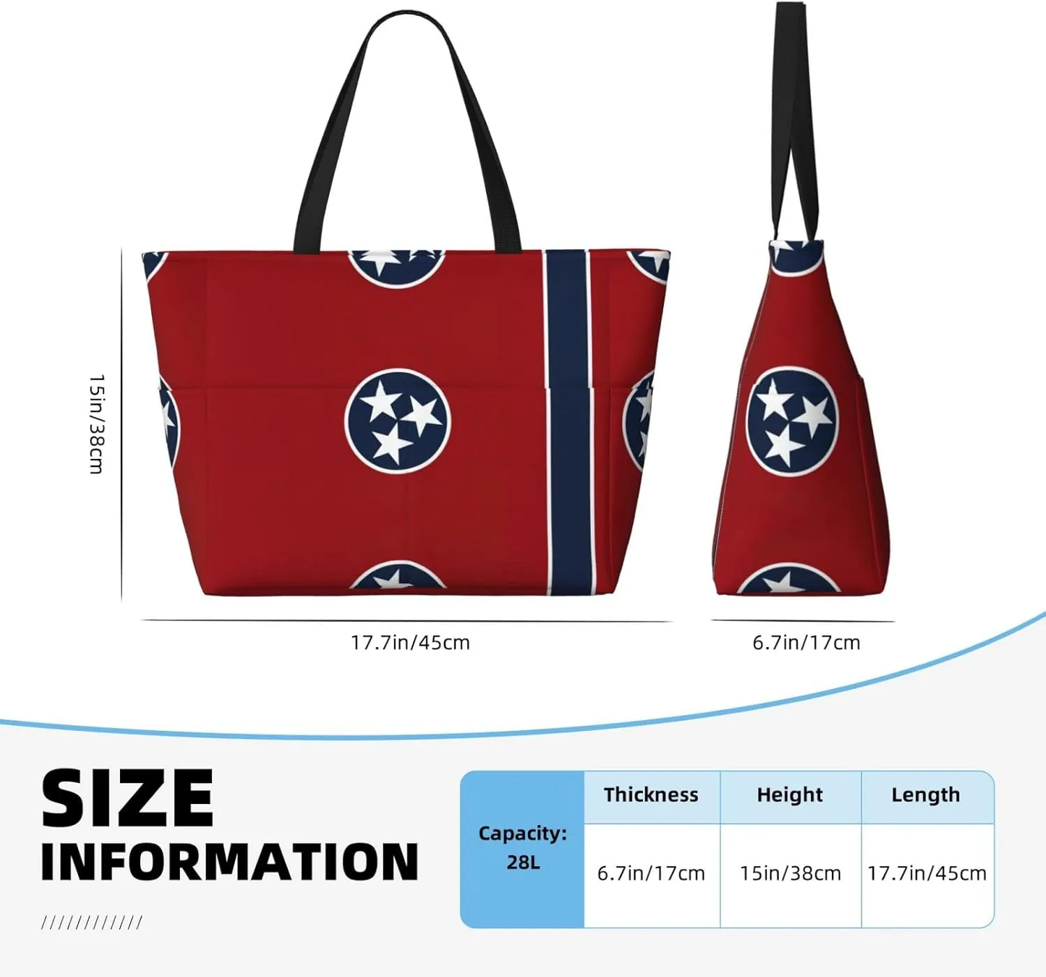 Tennessee State Flag Beach Tote Bags For Women Travel Totes Bag Handbag With Zipper And Pockets For Travel Vacation