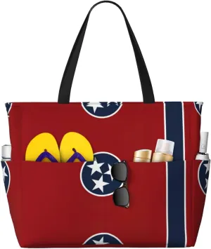 Tennessee State Flag Beach Tote Bags For Women Travel Totes Bag Handbag With Zipper And Pockets For Travel Vacation