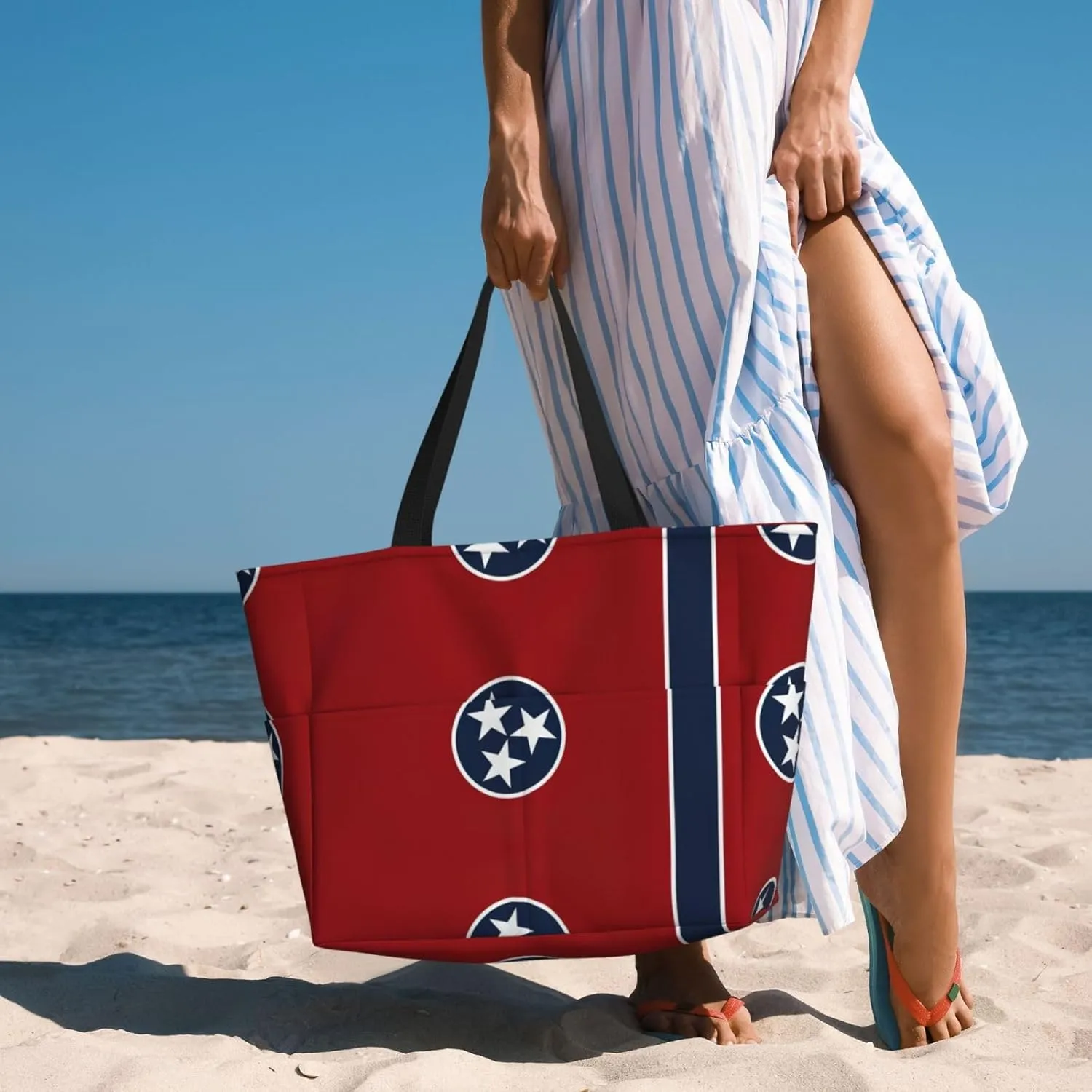 Tennessee State Flag Beach Tote Bags For Women Travel Totes Bag Handbag With Zipper And Pockets For Travel Vacation