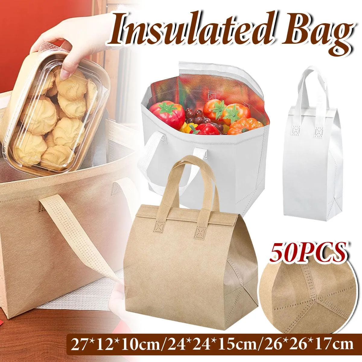 Thermal Insulation Tote Bag Takeaway Packing Food Bag 50PCS