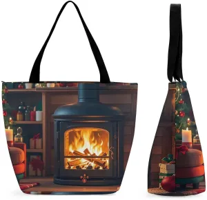 Tote Bag for Women Shoulder Tote Purse Reusable Grocery Bag The Fire Burns Brightly on Christmas Eve Aesthetic Shopping Bags
