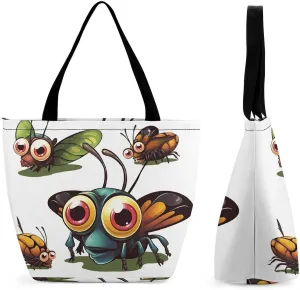 Tote Bag for Women with Zipper Pockets Reusable Grocery Bags Cartoon Insect Shopping Bag Large Capacity Handbags