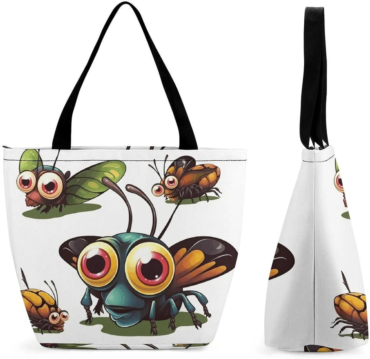 Tote Bag for Women with Zipper Pockets Reusable Grocery Bags Cartoon Insect Shopping Bag Large Capacity Handbags