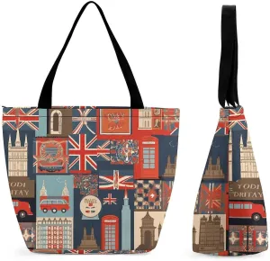 Tote Bag for Women with Zipper Pockets Reusable Grocery Bags England Symbols Shopping Bag Large Capacity Handbags