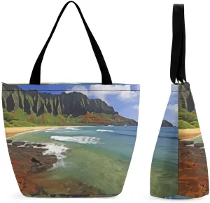 Tote Bag for Women with Zipper Pockets Reusable Grocery Bags Kauai Hawaii Seashore Shopping Bag Large Capacity Handbags