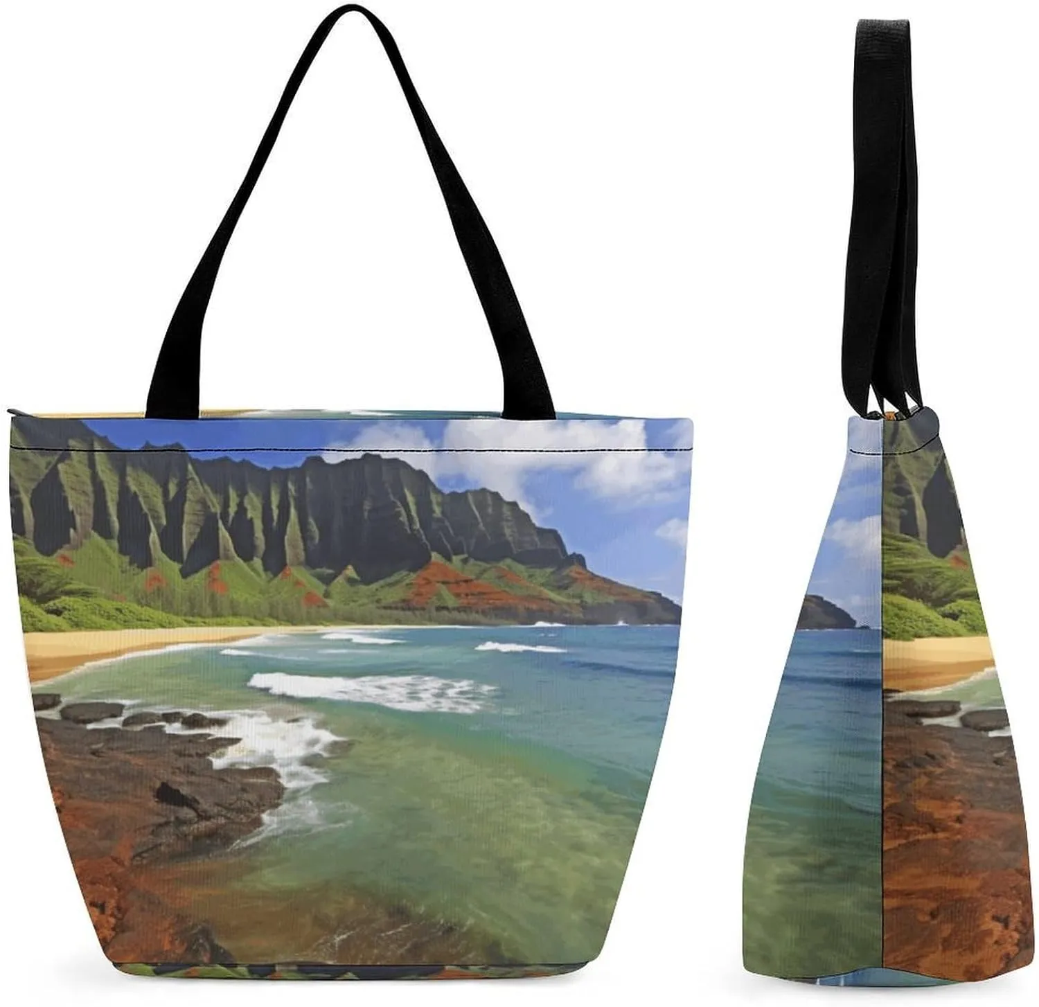 Tote Bag for Women with Zipper Pockets Reusable Grocery Bags Kauai Hawaii Seashore Shopping Bag Large Capacity Handbags