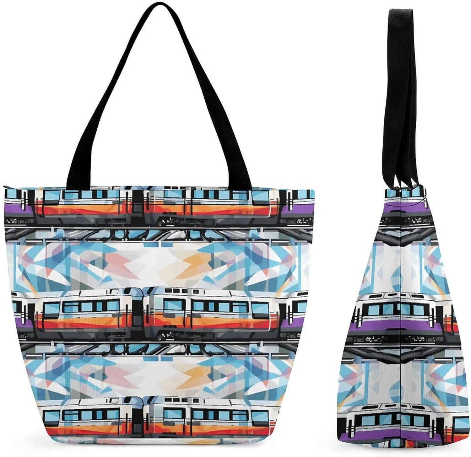 Tote Bag for Women with Zipper Pockets Reusable Grocery Bags Monorail Train Shopping Bag Large Capacity Handbags