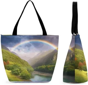 Tote Bag for Women with Zipper Pockets Reusable Grocery Bags Mountain Valley with Rainbow Shopping Bag Large Capacity Handbags