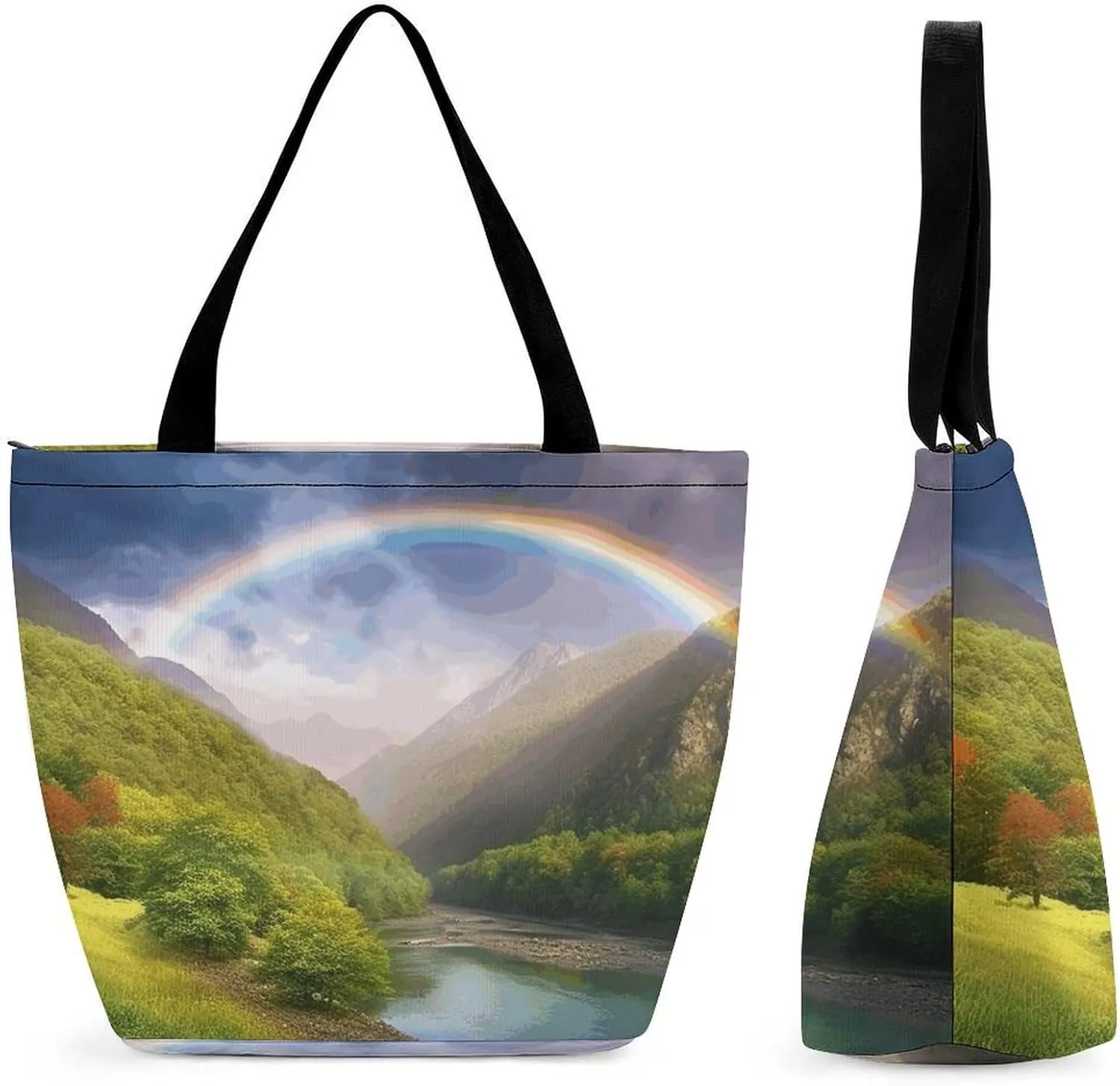 Tote Bag for Women with Zipper Pockets Reusable Grocery Bags Mountain Valley with Rainbow Shopping Bag Large Capacity Handbags