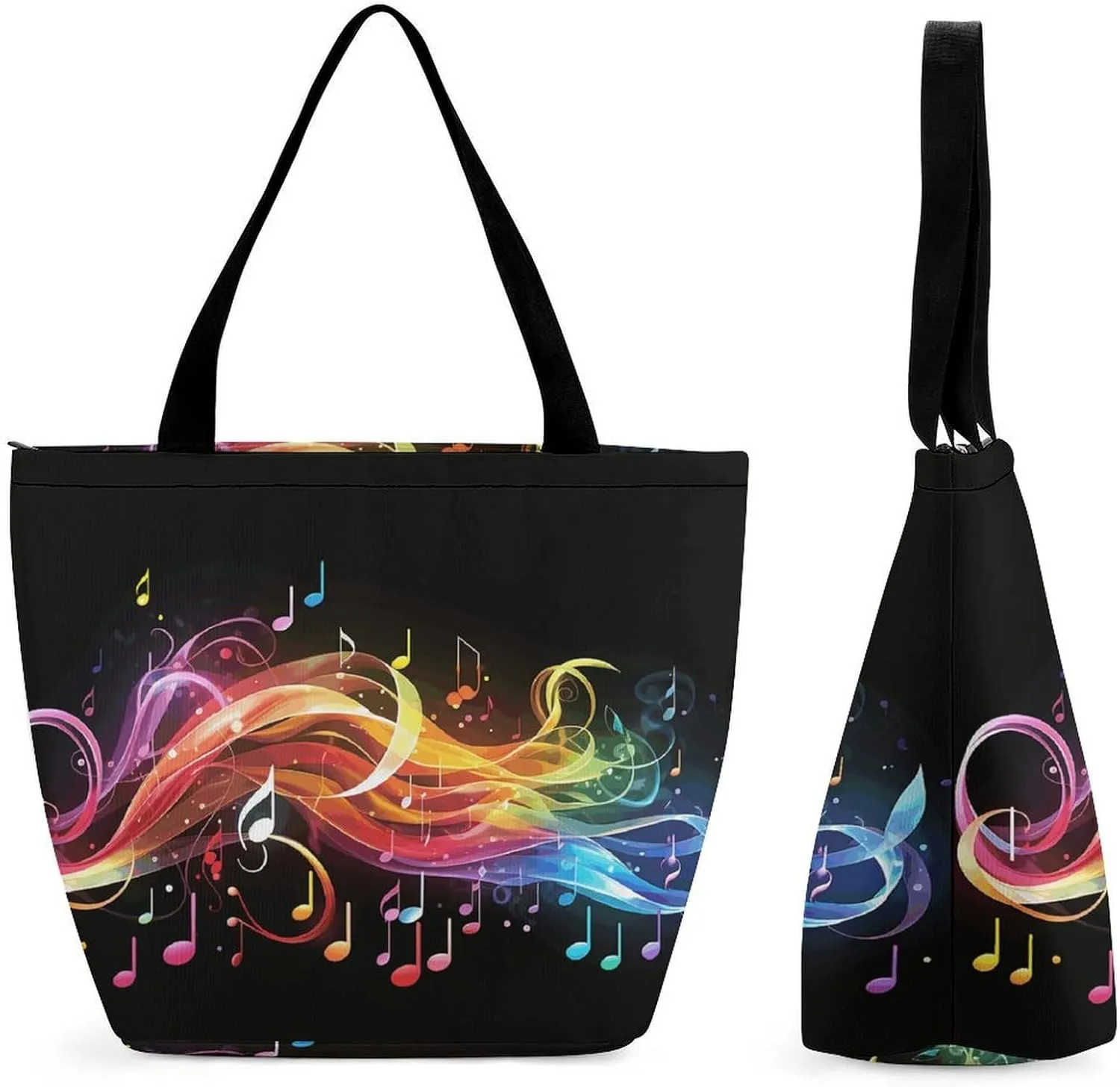 Tote Bag for Women with Zipper Pockets Reusable Grocery Bags Rainbow Musical Note Melody Shopping Bag Large Capacity Handbags