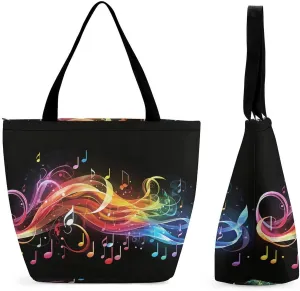 Tote Bag for Women with Zipper Pockets Reusable Grocery Bags Rainbow Musical Note Melody Shopping Bag Large Capacity Handbags