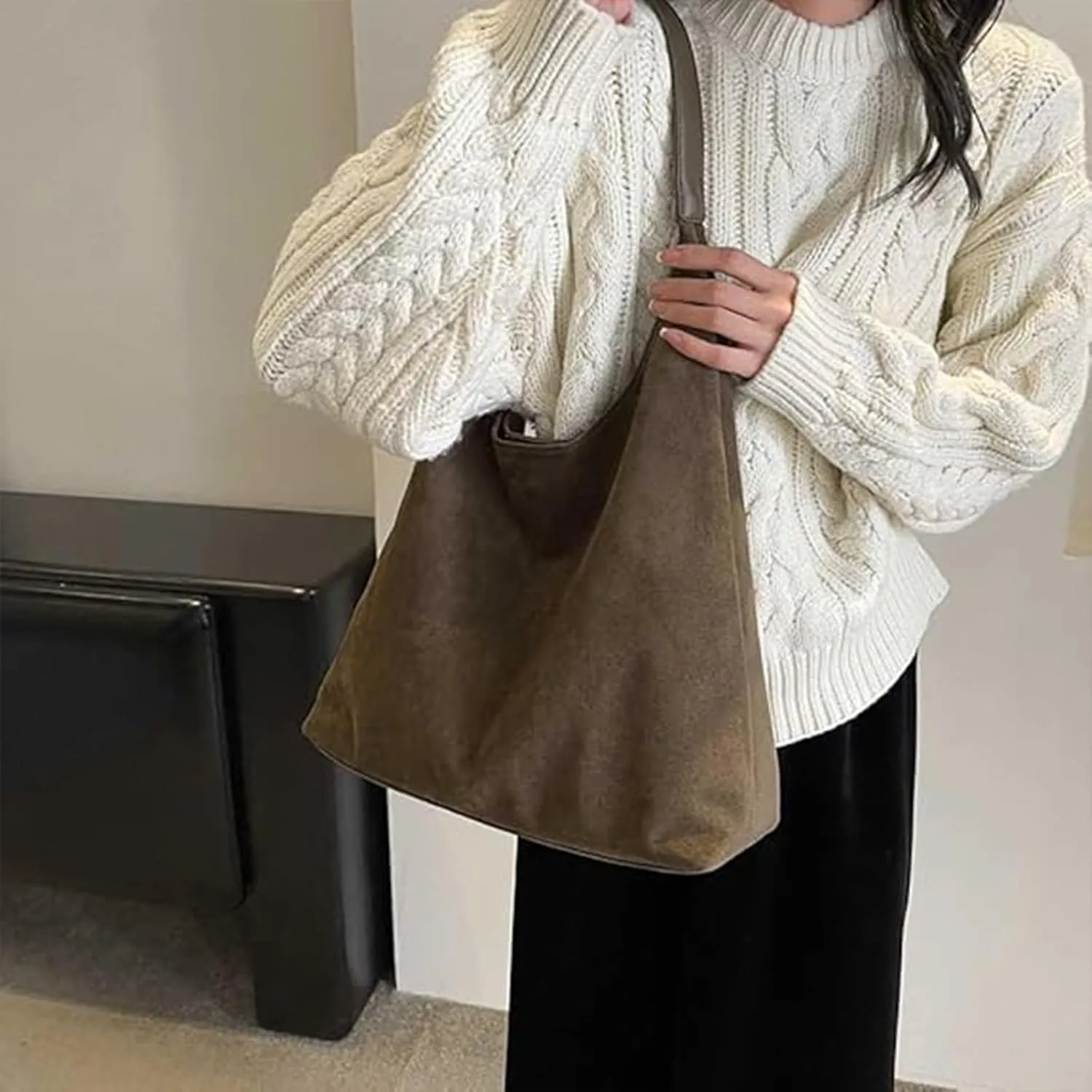 Tote Bags for Women Suede & Leather Hobo Shoulder Bag Fall Ladies Handbags Large Capacity Slouch Bag with Purses Bag