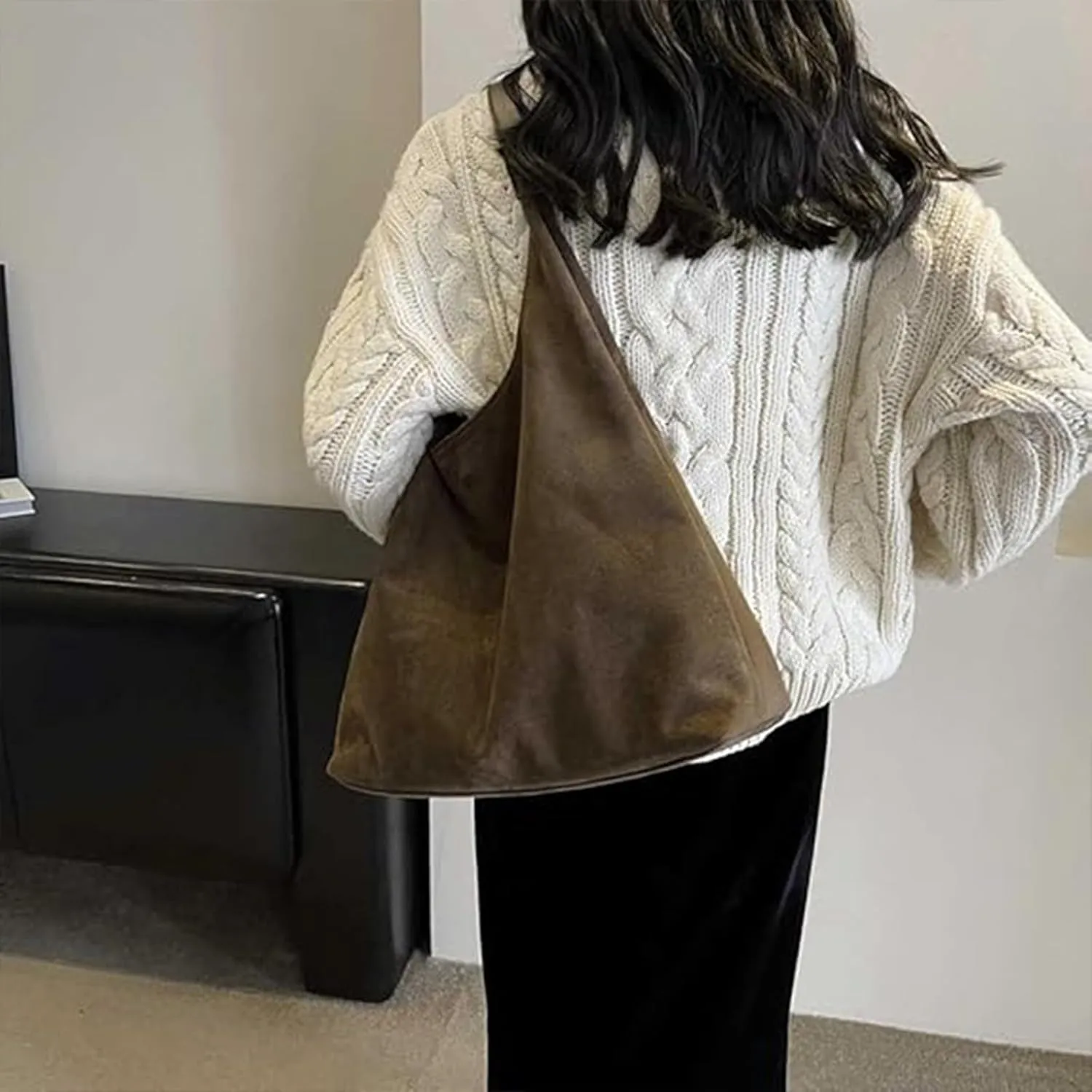 Tote Bags for Women Suede & Leather Hobo Shoulder Bag Fall Ladies Handbags Large Capacity Slouch Bag with Purses Bag