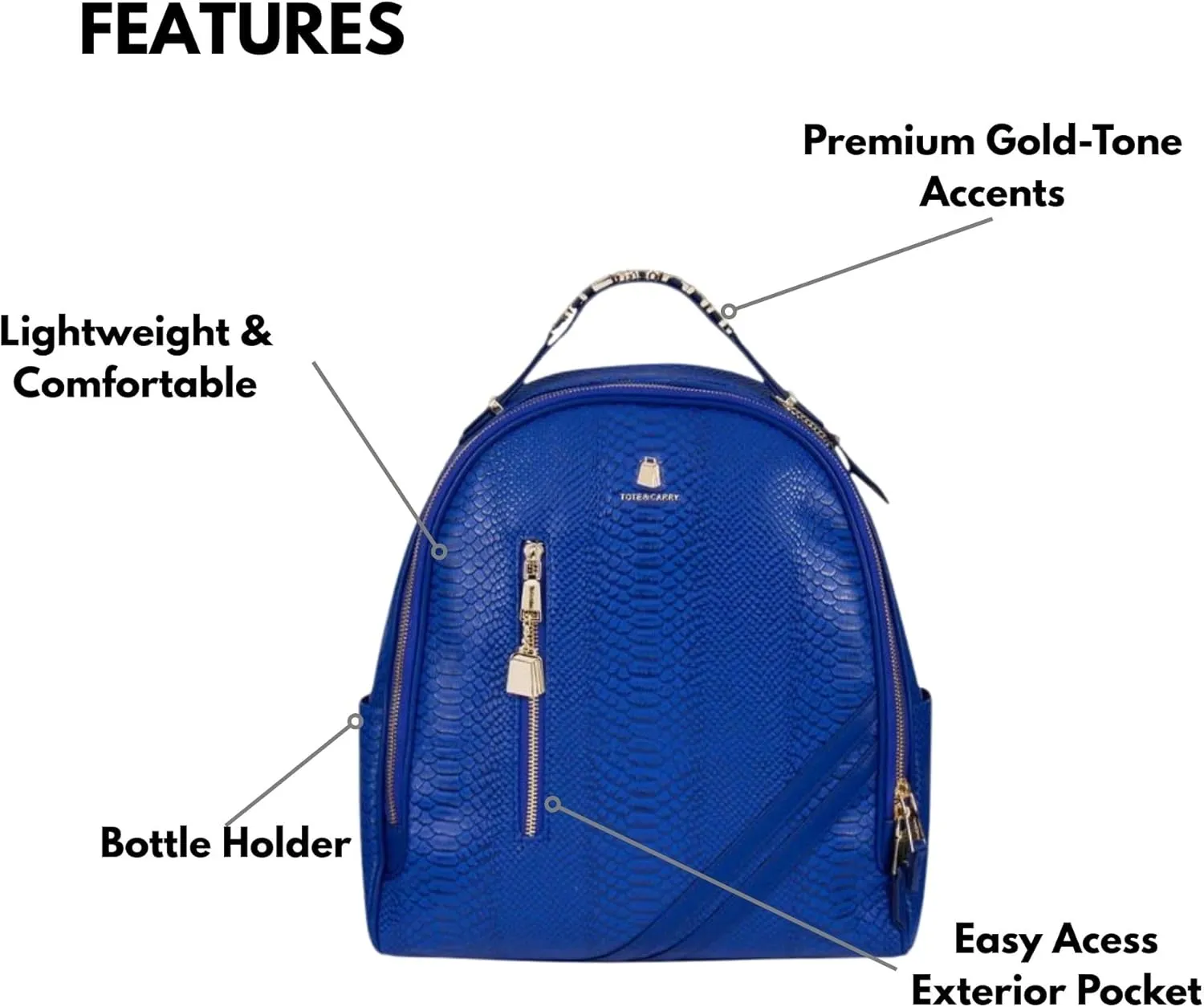 Tote&Carry Apollo BFF Backpack for Women, Vegan Leather, Water-Resistant, Carry-On Luggage for Travel, Work & Daily Use (Snake Skin, Royal Blue)