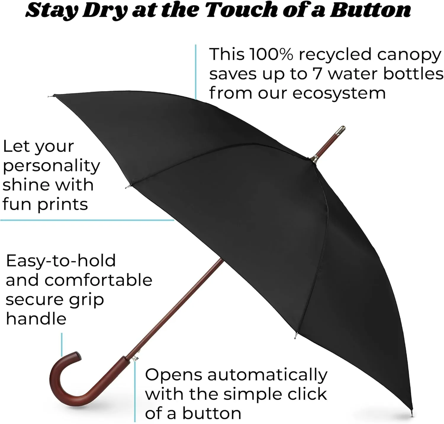 Totes Eco Auto Open Umbrella Classic Wooden J Stick Handle with Easy Grip - Windproof, Rainproof and Durable Canopy Design – Versatile Travel, Perfect for Rainy Days