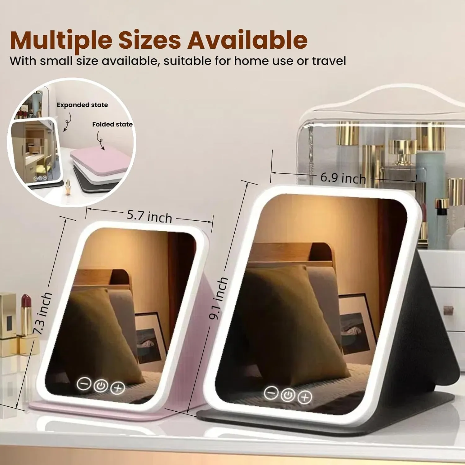 Travel Makeup Mirror with LED Lights, 3 Colors & Touch Dimming, Folding Adjustable Vanity Mirror, Ultra-Thin Compact, 72 LEDs USB Rechargeable for Home/Travel (Large/Small) (White-Small)