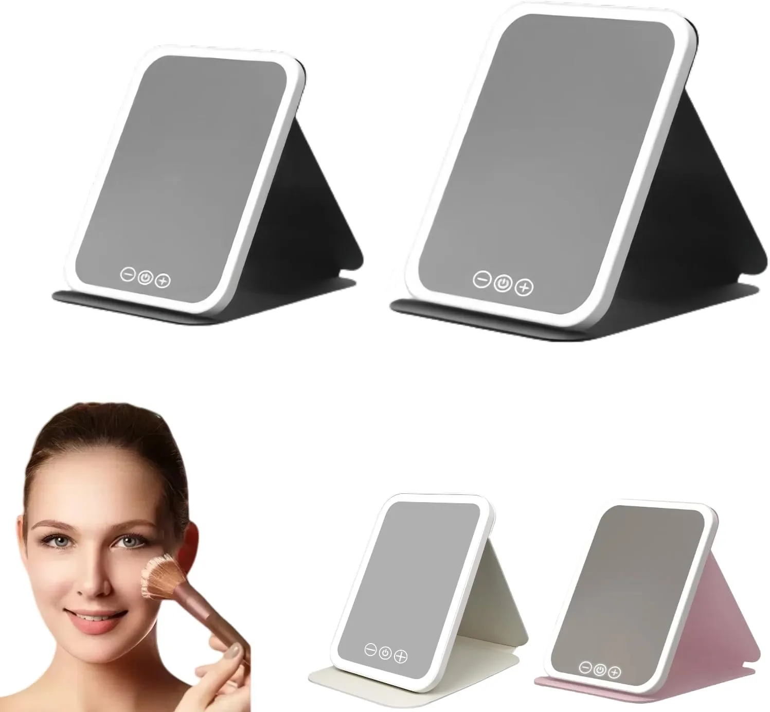 Travel Makeup Mirror with LED Lights, 3 Colors & Touch Dimming, Folding Adjustable Vanity Mirror, Ultra-Thin Compact, 72 LEDs USB Rechargeable for Home/Travel (Large/Small) (White-Small)