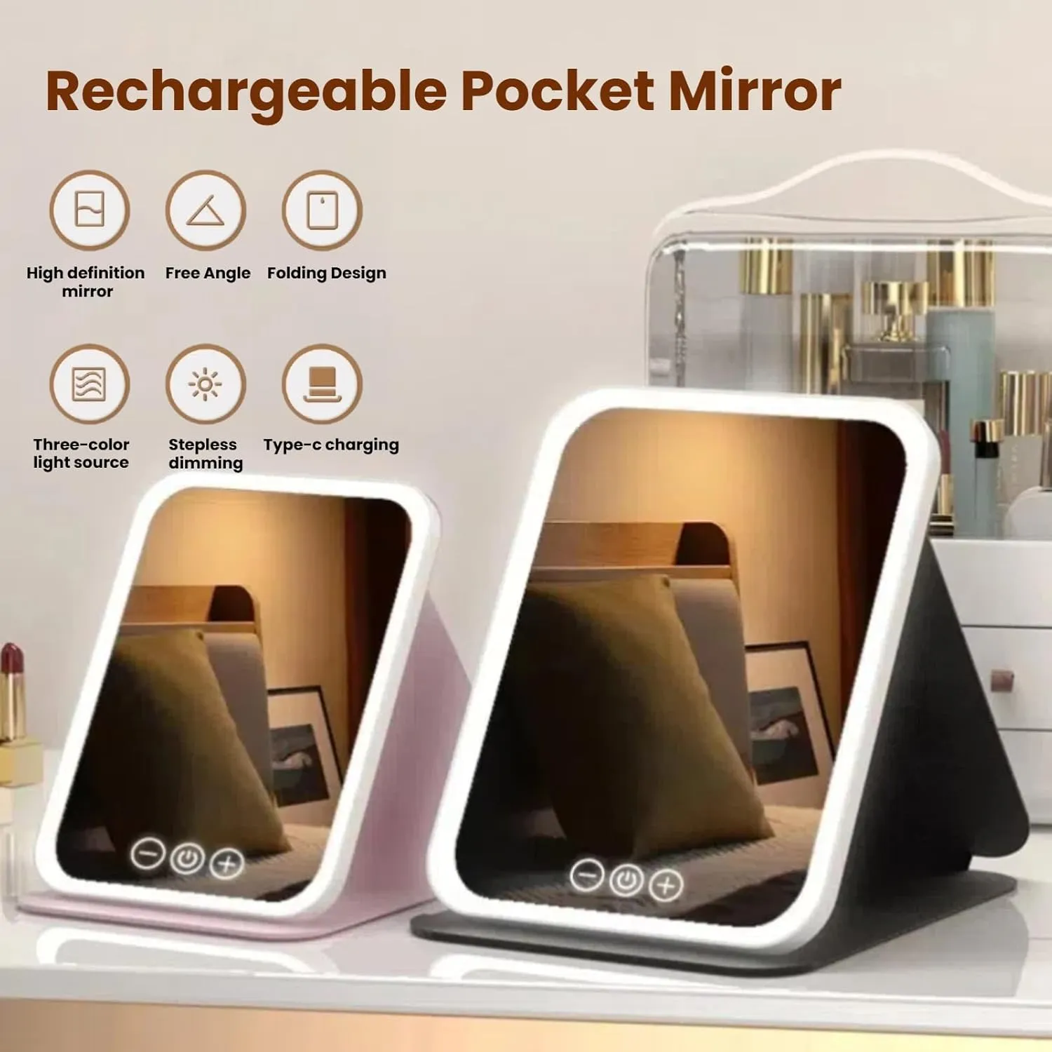 Travel Makeup Mirror with LED Lights, 3 Colors & Touch Dimming, Folding Adjustable Vanity Mirror, Ultra-Thin Compact, 72 LEDs USB Rechargeable for Home/Travel (Large/Small) (White-Small)