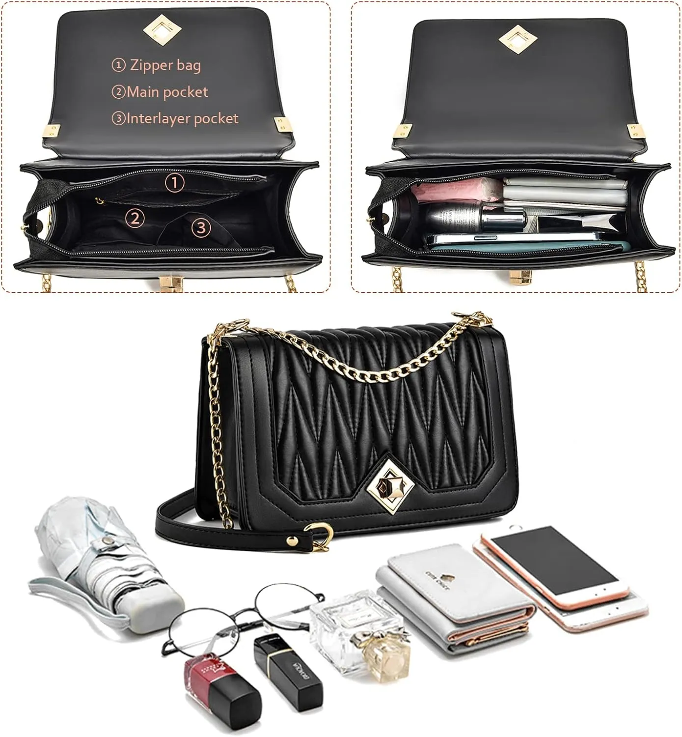 Travistar Crossbody Bags for Women Small Handbags PU Leather Shoulder Bag Purse Evening Bag Quilted Satchels with Chain Strap