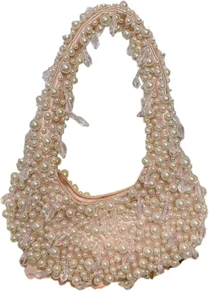 Trendy Pearl Shoulder Purse for Women Small Y2k Tote Bags for Party Rhinestone-Encrusted Designer Handbags