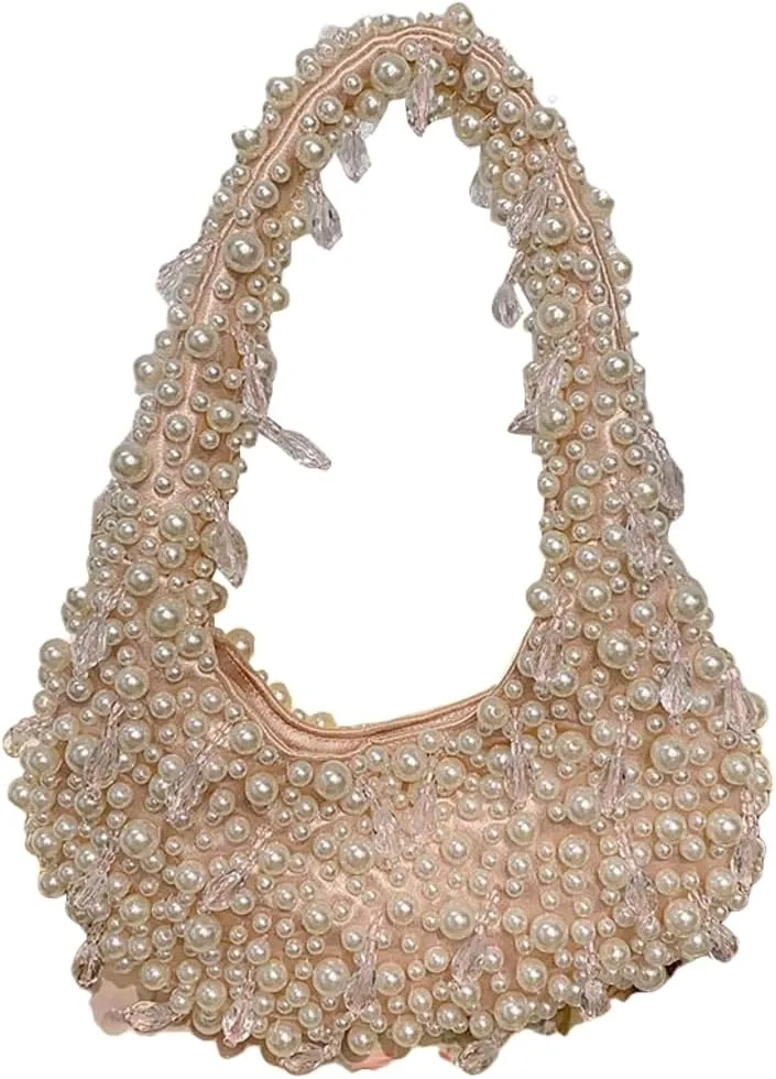 Trendy Pearl Shoulder Purse for Women Small Y2k Tote Bags for Party Rhinestone-Encrusted Designer Handbags