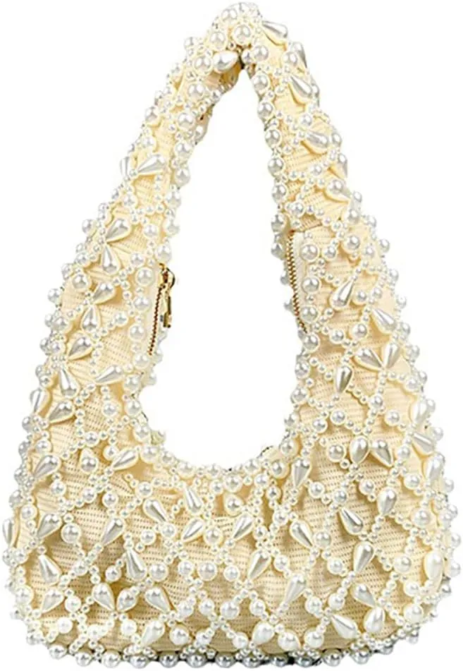 Trendy Pearl Shoulder Purse for Women Small Y2k Tote Bags for Party Rhinestone-Encrusted Designer Handbags
