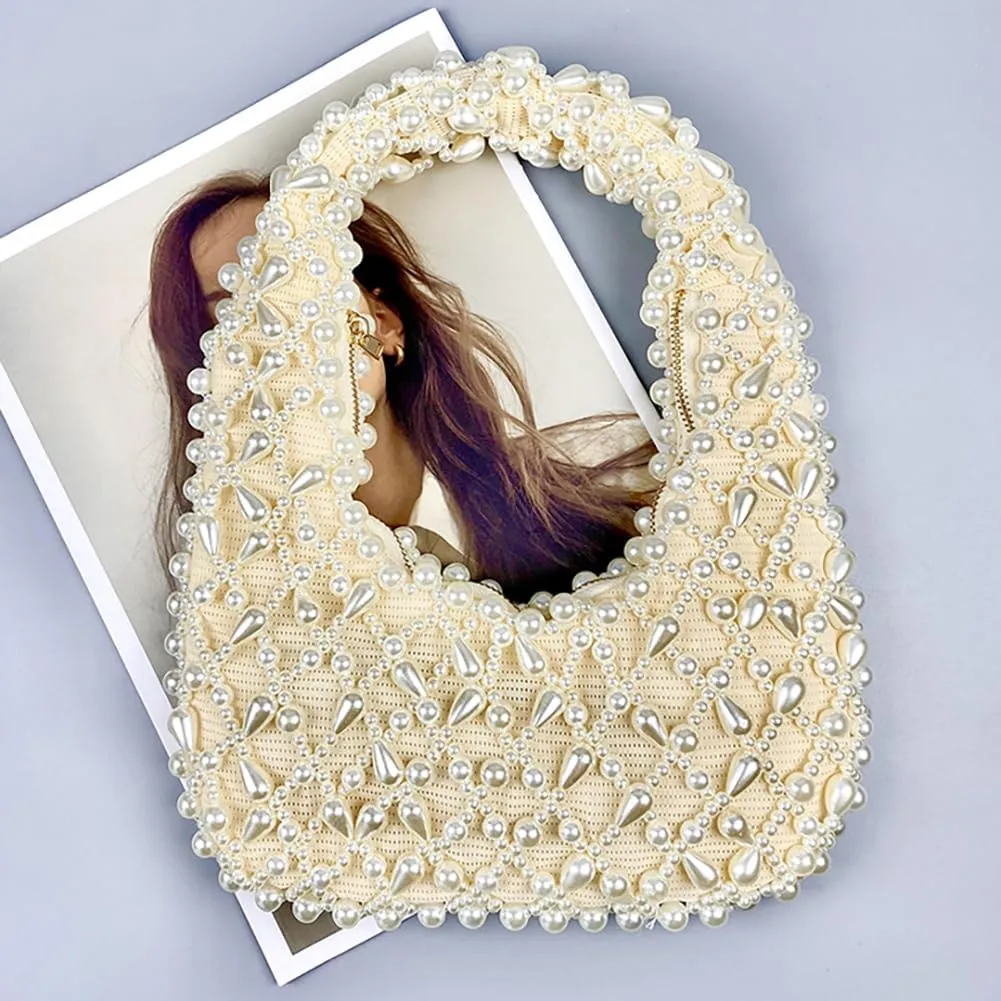 Trendy Pearl Shoulder Purse for Women Small Y2k Tote Bags for Party Rhinestone-Encrusted Designer Handbags