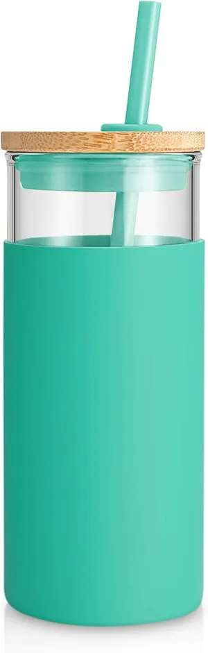 Tronco 20oz Glass Tumbler Glass Water Bottle Straw Silicone Protective Sleeve Bamboo Lid - BPA Free (Gress/ 1 Pack)