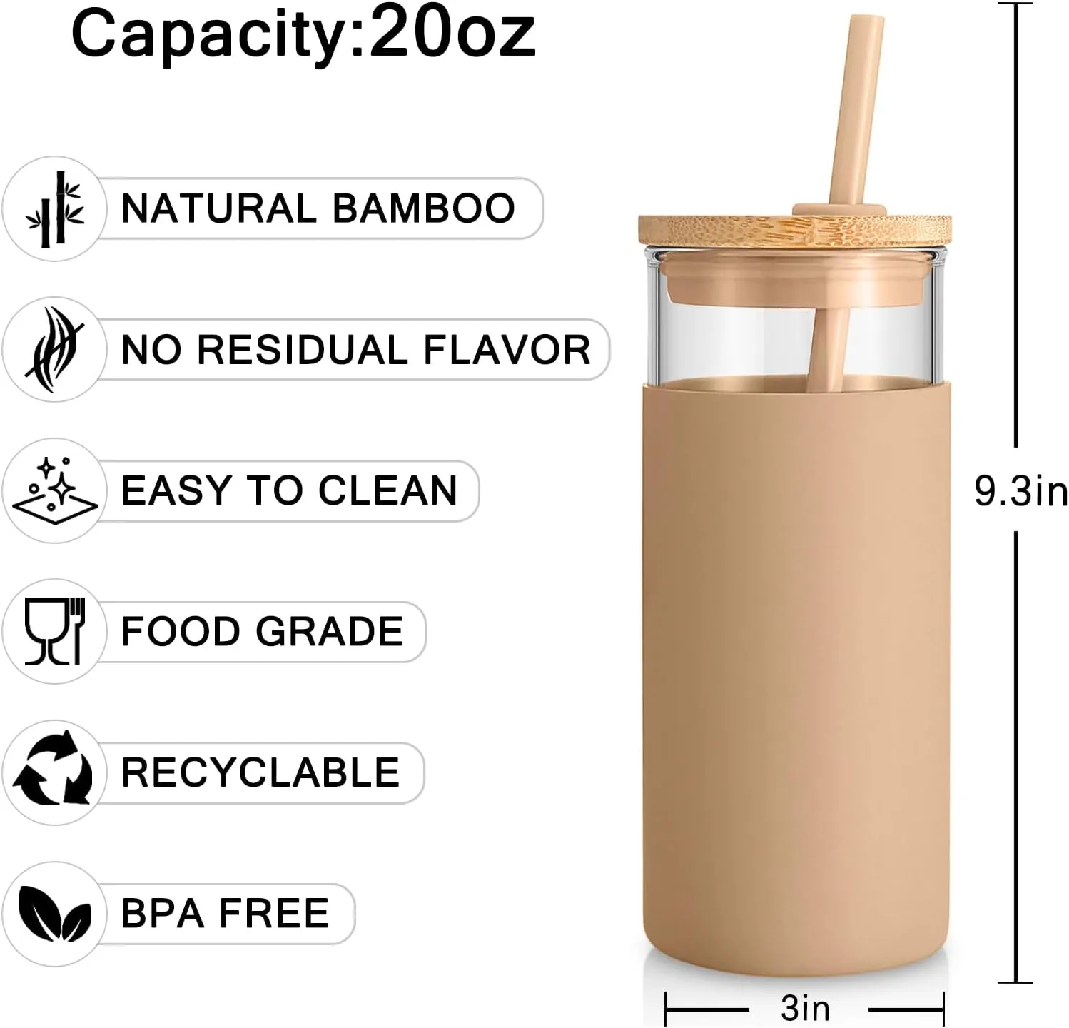 Tronco 20oz Glass Tumbler Glass Water Bottle Straw Silicone Protective Sleeve Bamboo Lid - BPA Free (Gress/ 1 Pack)